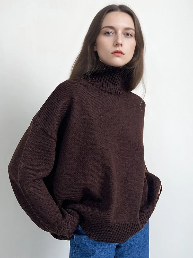 Women's oversized turtleneck knitted sweater long sleeves