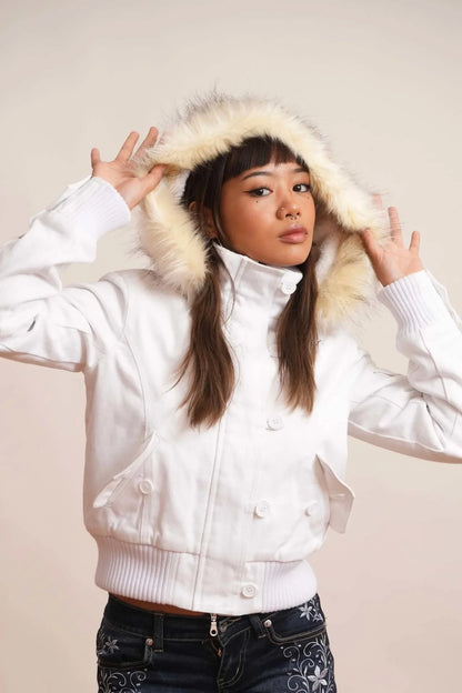 Women's Bomber Jacket with Hood and Faux Fur in Various Colors