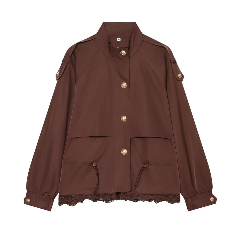 Women's Jacket with Stand Collar, Waist Drawstring and Lace Trim at the Hem
