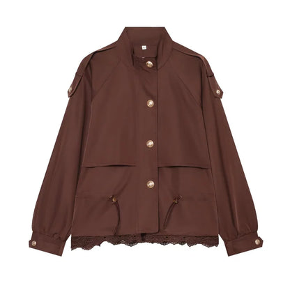 Women's Jacket with Stand Collar, Waist Drawstring and Lace Trim at the Hem