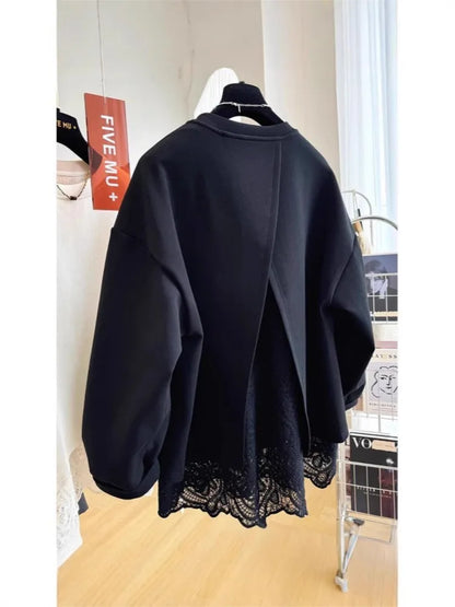 Damen Sweatshirt mit Spitzen-Layering und Rückenschlitz