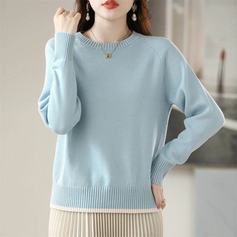 Women's Crew-Neck Long-Sleeved Fine-Knit Basic Top