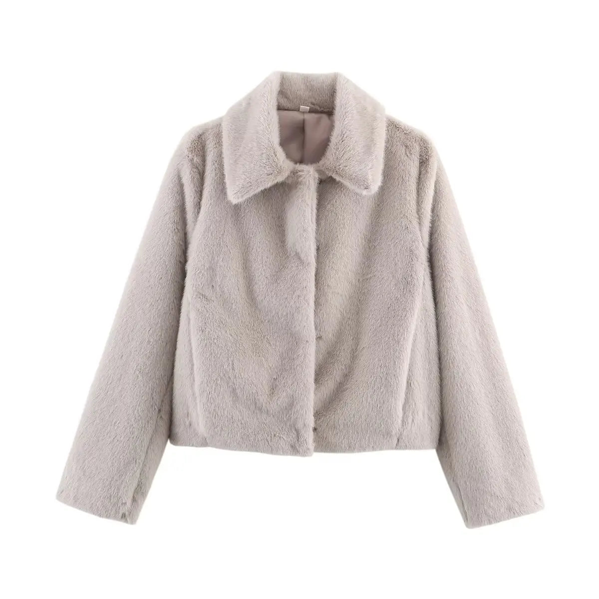 Short women's faux fur jacket with collar, brown faux fur jacket