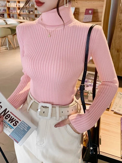 Women's ribbed long-sleeved turtleneck sweater, slim fit