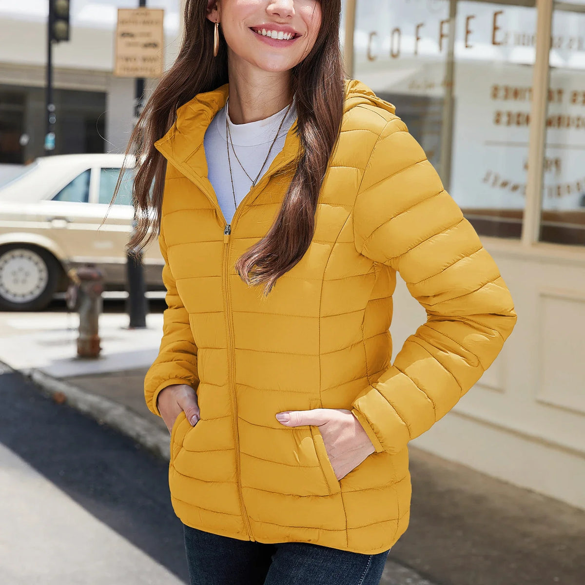 Damen Steppjacke mit Kapuze, Reißverschluss, Gelb