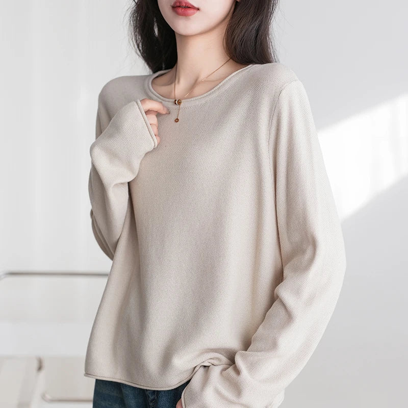 Women's crew-neck long-sleeve sweater with a knit-look texture