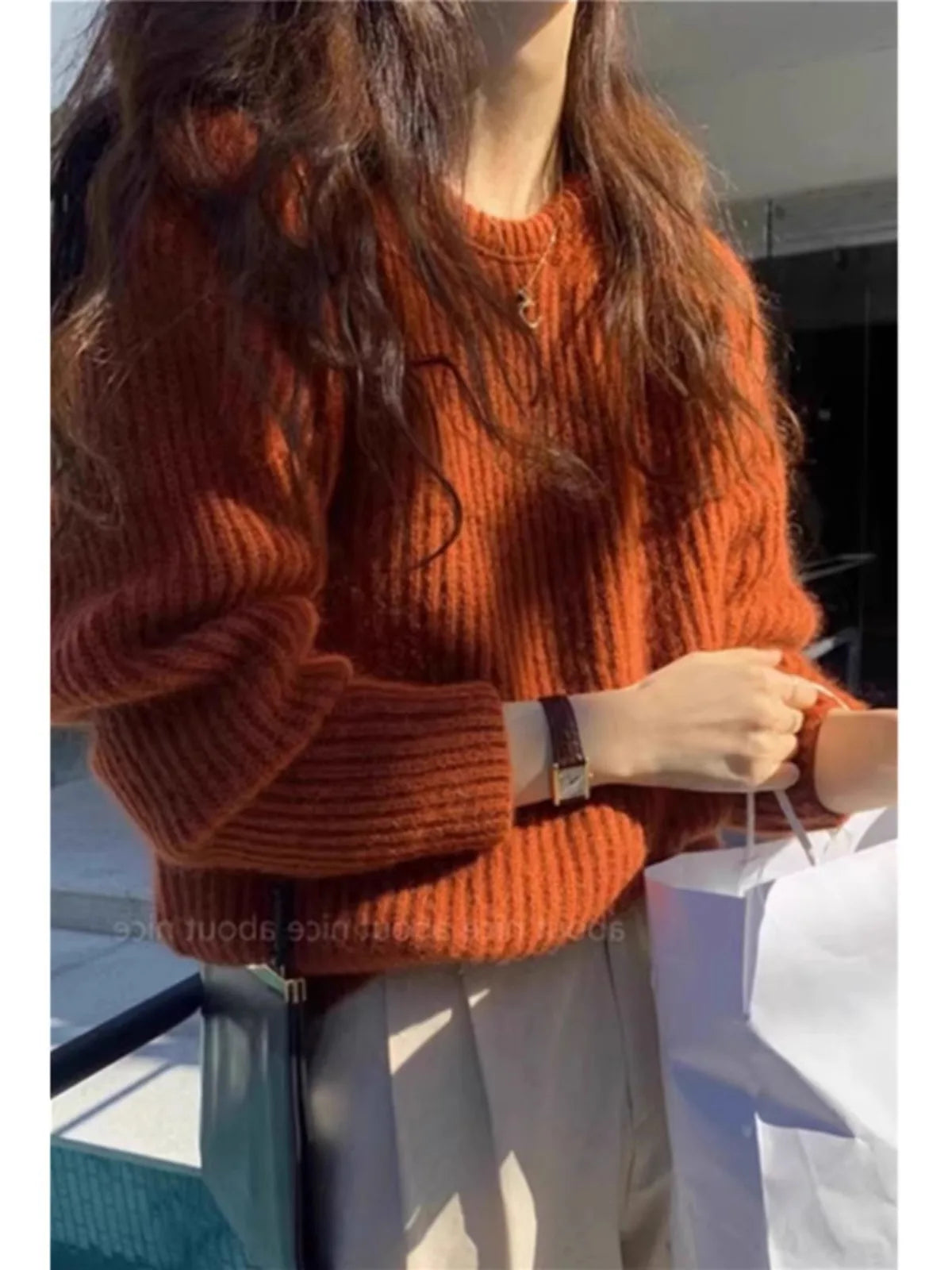 Damen Strickpullover Rundhals Lange Ärmel Rostrot