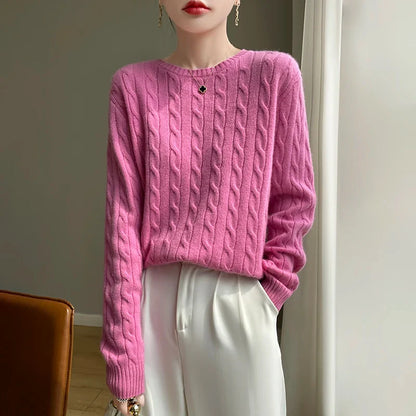 Damen Pullover Zopfmuster Rundhals Langarm Strickpullover