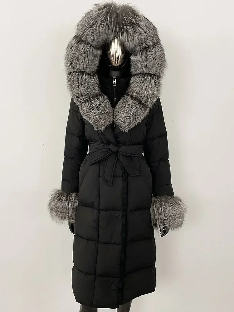 Women's quilted winter down coat with faux fur trim and belt