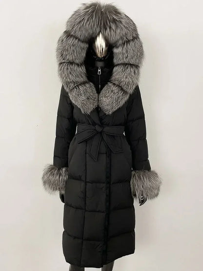 Women's quilted winter down coat with faux fur trim and belt