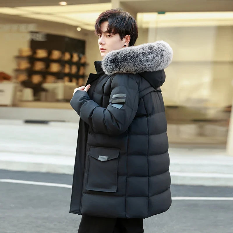 Men's winter jacket, quilted, with fur hood, parka, warm and lined