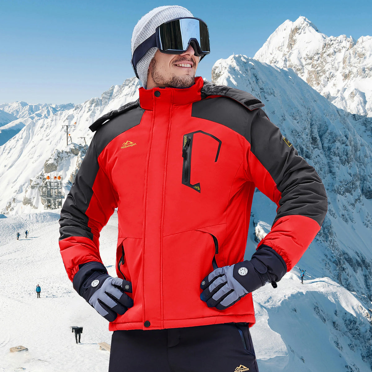 Herren Winterjacke Outdoor Skijacke mit Kapuze und Taschen Orange Grau
