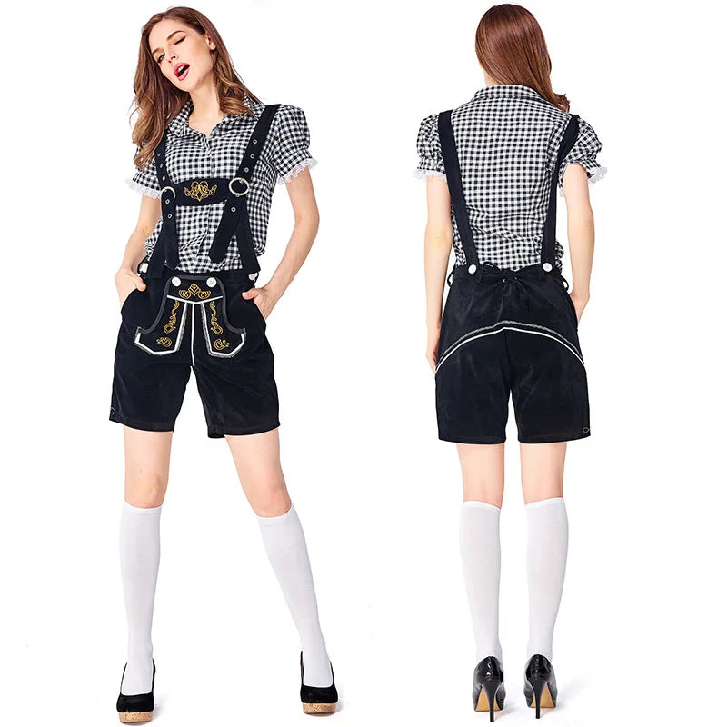Women's Oktoberfest costume set: dirndl, lederhosen shorts, and checked shirt