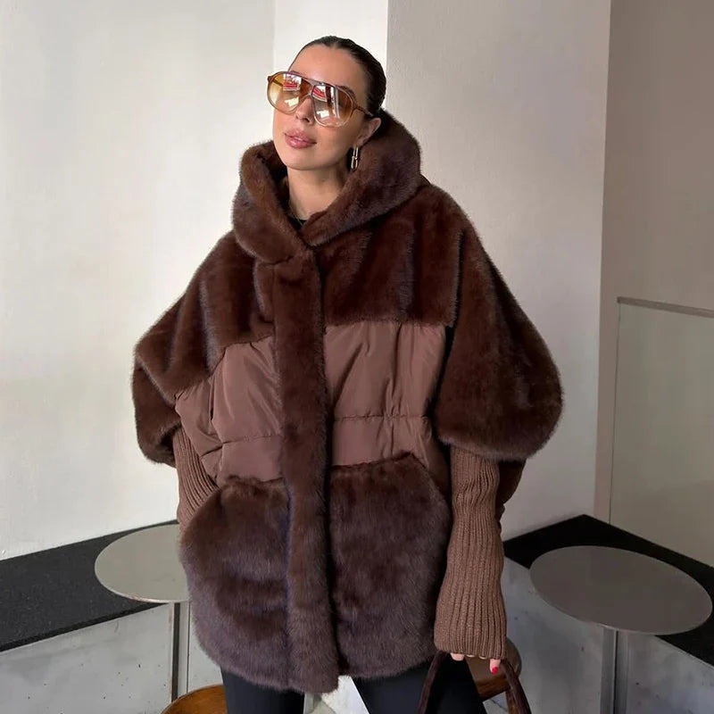 Damen Kapuzenjacke Fellimitat Steppdesign Braun Winterjacke
