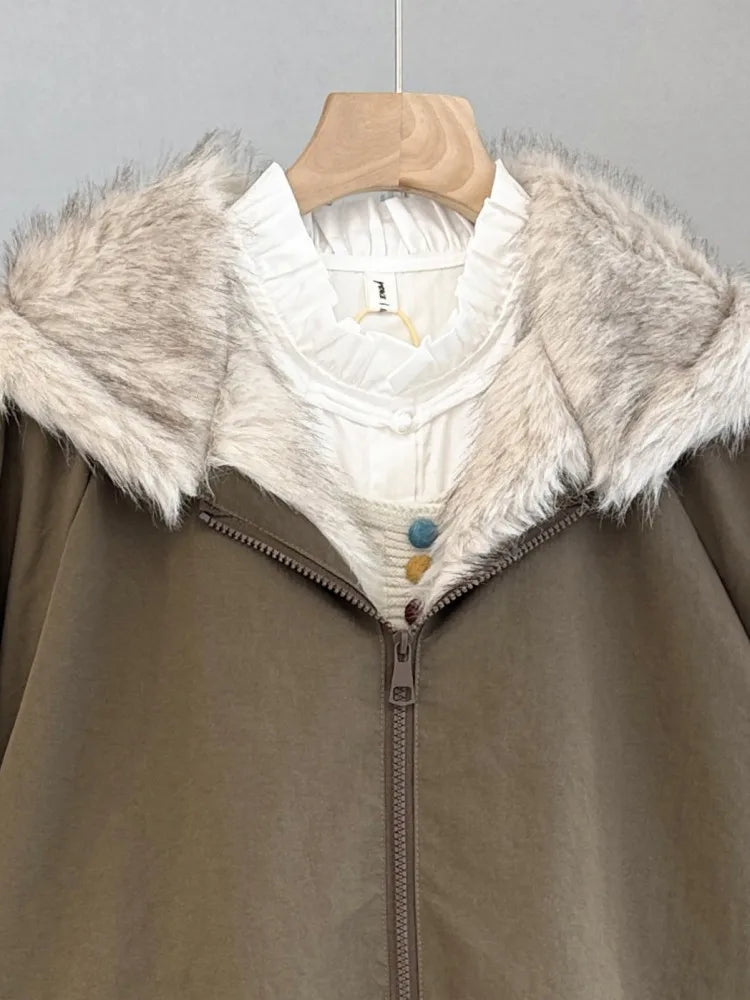 Damen Bomberjacke mit Kapuze Pelzimitat Futter Reißverschluss khaki
