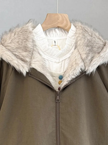 Damen Bomberjacke mit Kapuze Pelzimitat Futter Reißverschluss khaki