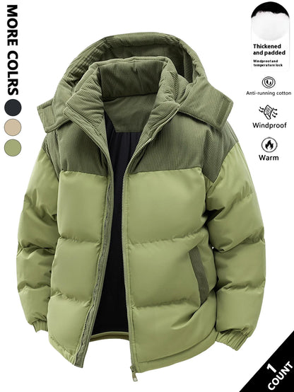Unisex Winter Steppjacke mit Kapuze, gepolstert, Kord-Details