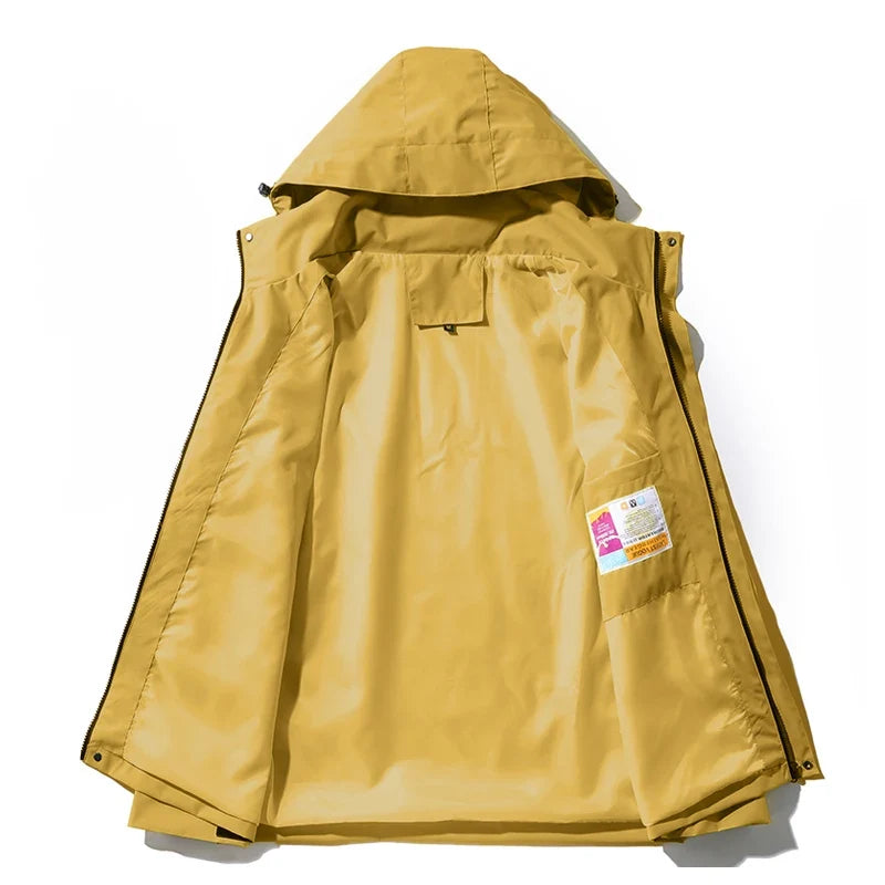 Unisex outdoor jacket with hood and zippered pockets, windproof and water-repellent
