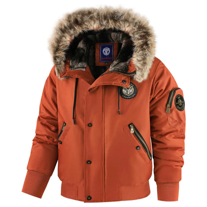 Men's winter bomber jacket with detachable hood and faux fur collar, black