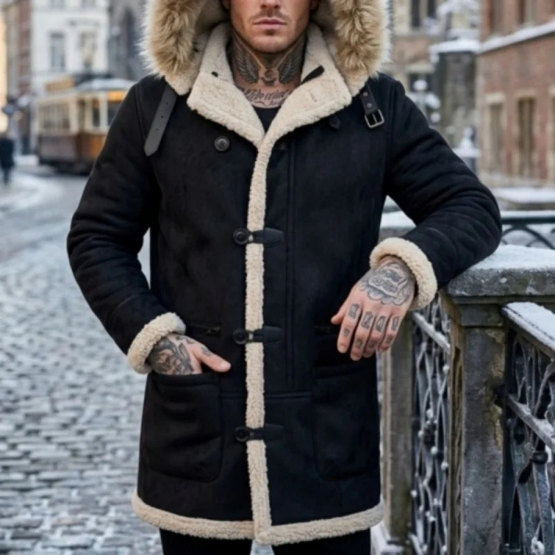Men's winter parka with hood, teddy lining and toggle closure, gray
