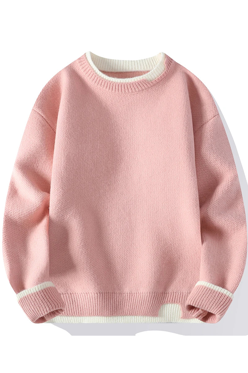 Unisex Two-Tone Crew-Neck Knit Sweater Pink Beige Black Gray Khaki Blue