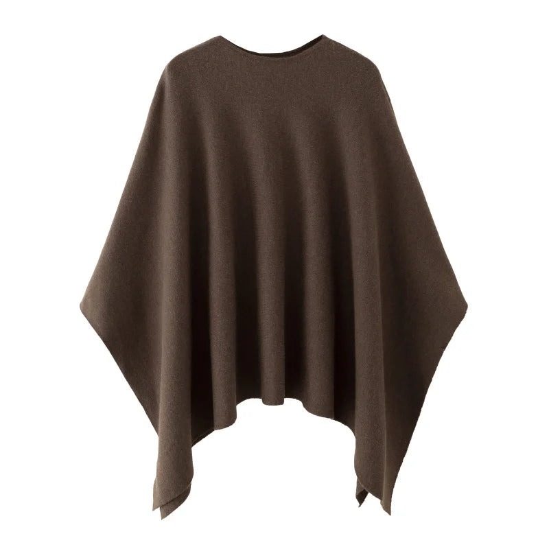 Women's poncho sweater, elegant crew-neck knitted poncho in black or brown