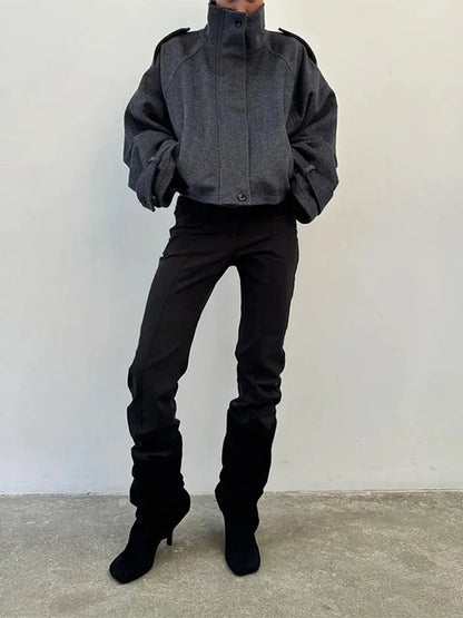 Short women's jacket with stand collar, gray and black, oversized