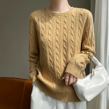 Damen Pullover Zopfmuster Rundhals Langarm Strickpullover