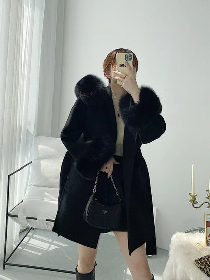 Women's Short Coat with Fur Collar and Fur Cuffs, Belted Wrap Coat