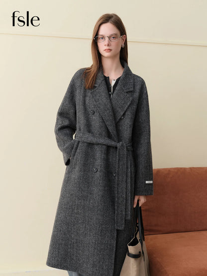 Damen Langer Mantel Doppelreiher mit Bindegürtel