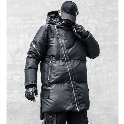 Unisex quilted winter jacket with hood, zippers and long sleeves, Black
