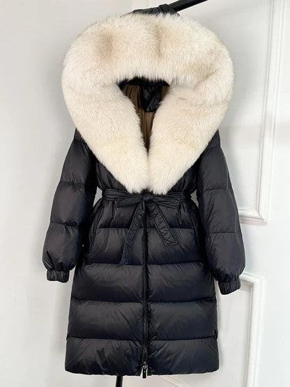 Women's black down coat with fur hood, long winter coat, belt, warm jacket