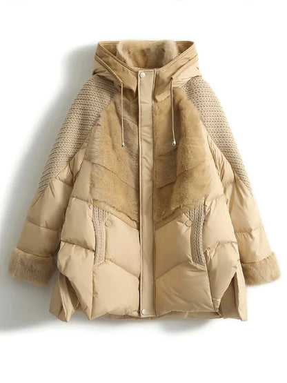 Quilted women's winter jacket with hood, faux fur, knit details