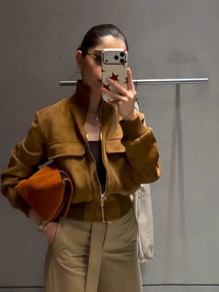Short women's bomber jacket with stand-up collar and pockets