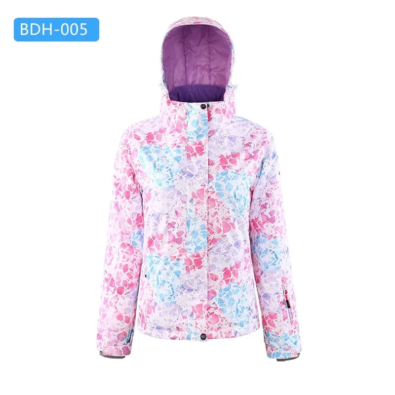 Women's winter ski jacket with hood, colorful pattern, outdoor