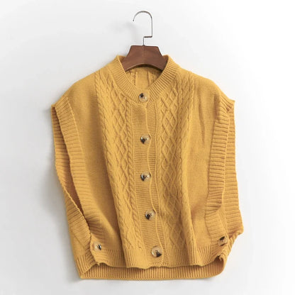 Women's cropped sleeveless cardigan with cable knit pattern, crew neck, and button placket
