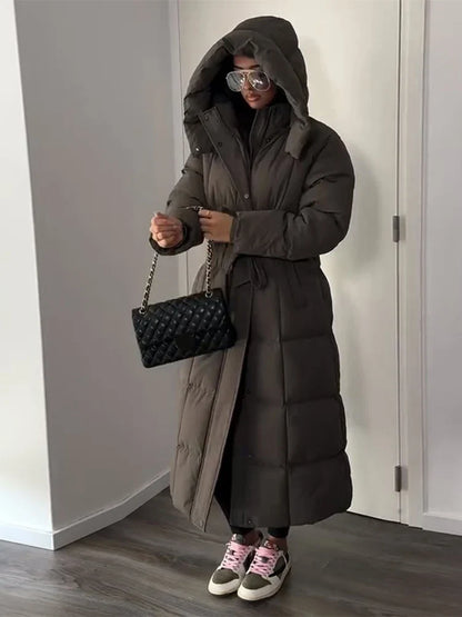 Long women's quilted coat with belt - Dark brown/Black with/without hood