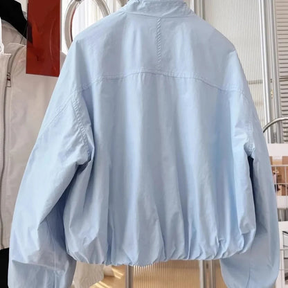 Women's lightweight short bomber jacket with stand-up collar, light blue