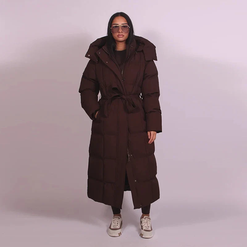 Long women's quilted coat with belt - Dark brown/Black with/without hood