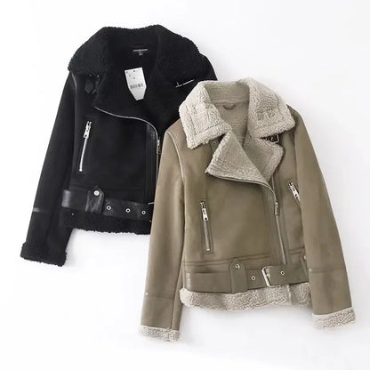 Women's Biker Jacket with Fleece Lining and Zipper