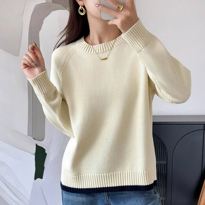 Women's crew-neck long-sleeve knit sweater with ribbed cuffs, light blue