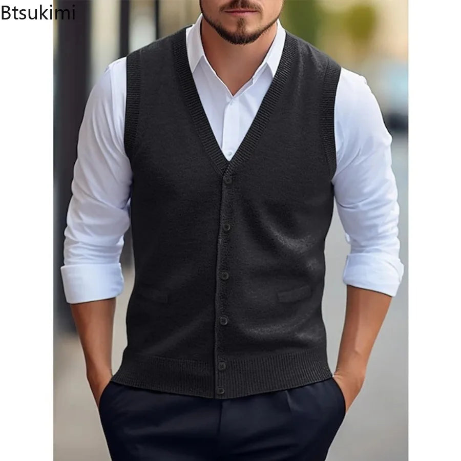 Men's knitted vest V-neck button placket