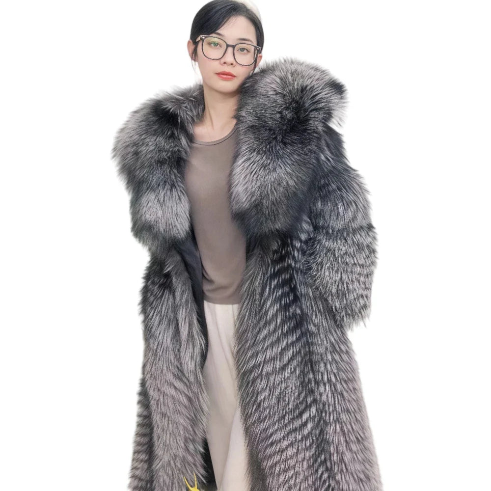 Women's long faux fur coat with hood, gray-black