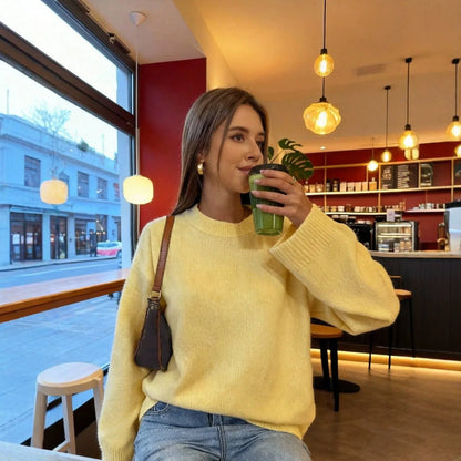 Yellow women's sweater, crew neck, long sleeve, relaxed fit