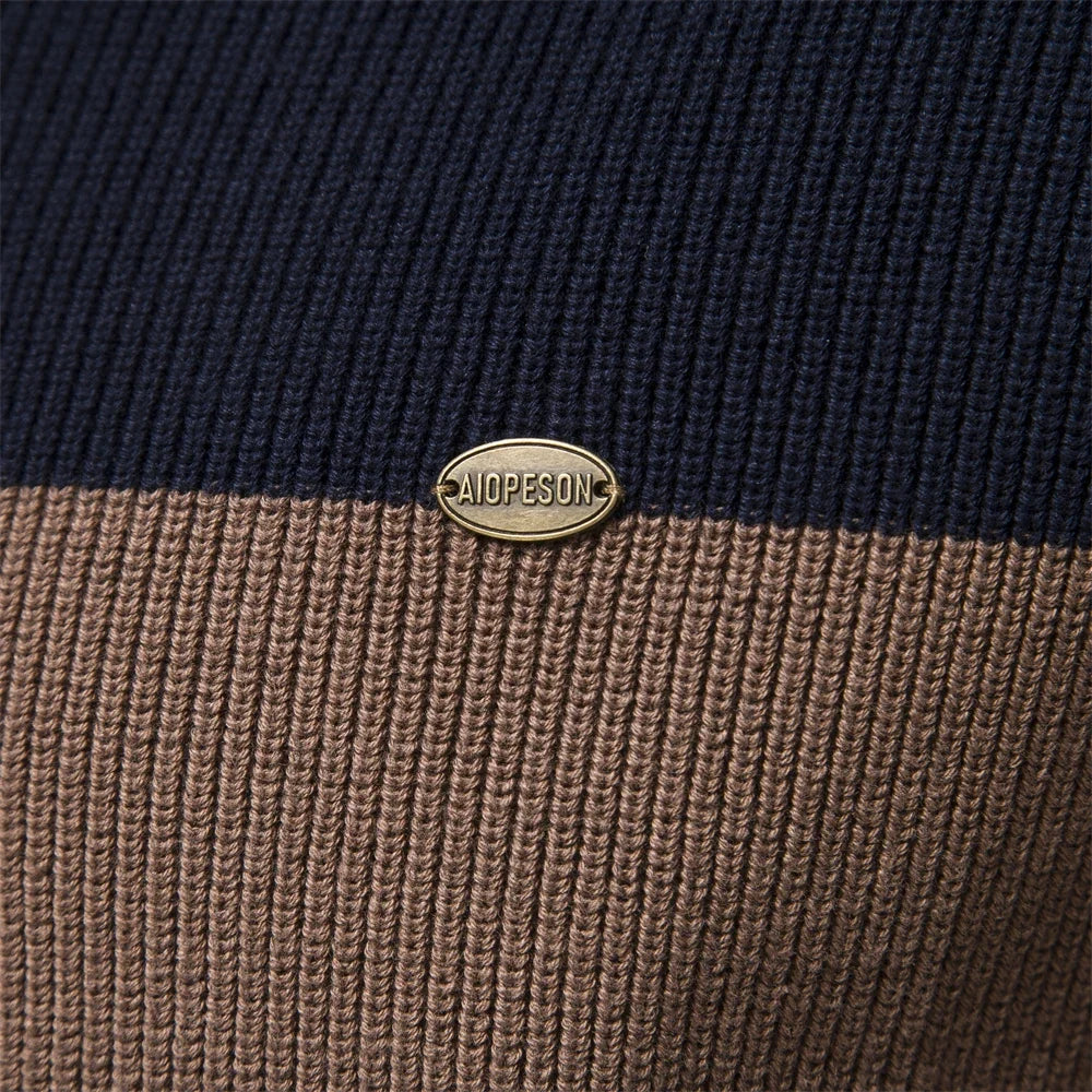 Men's zip-up cardigan with stand collar and color-block design