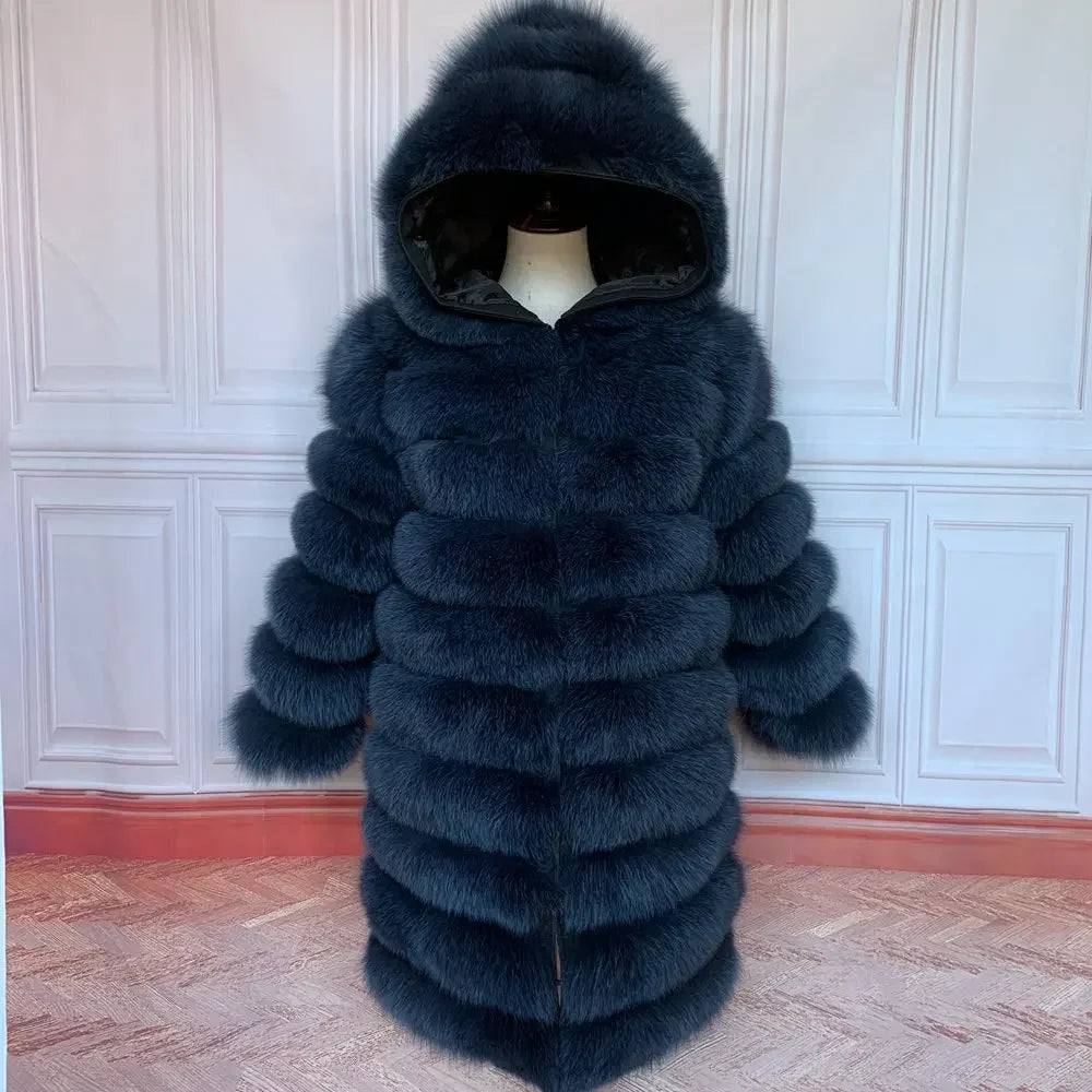 Women's winter faux fur coat with hood, long sleeves, warm jacket, striped