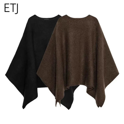 Women's poncho sweater, elegant crew-neck knitted poncho in black or brown