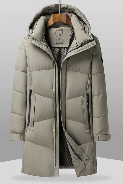 Men's long black quilted winter coat with hood