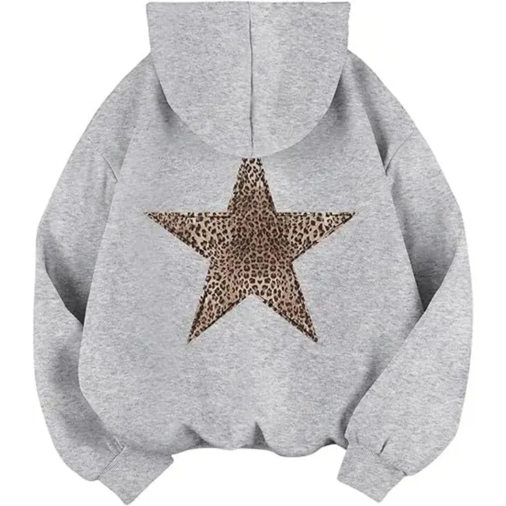 Women's hoodie with leopard star print on the back, oversized hooded sweatshirt