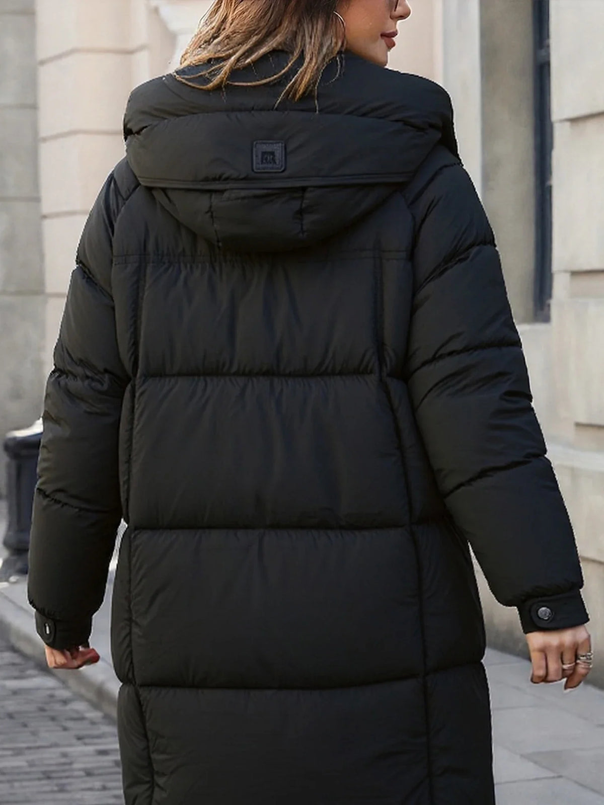 Long quilted coat with hood for women, black